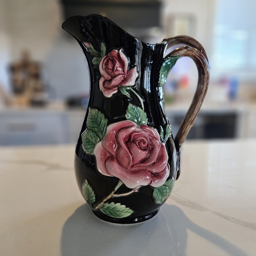 Fitz & Floyd Midnight Rose Black Pink 2 Qt Pitcher (Rare) 1987 Vintage